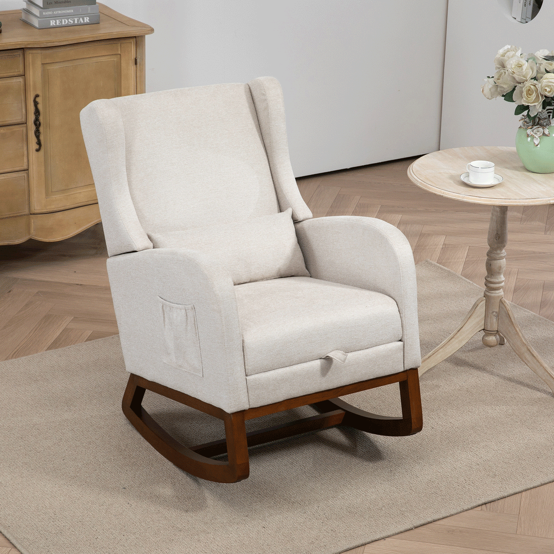 25.4" Beige Nursery Rocking Chair with Footrest, Side Pocket