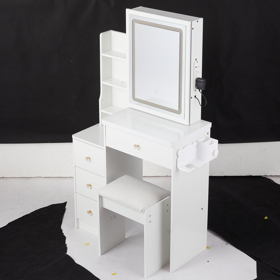 29.2" Compact White Vanity Table with LED Mirror, Charging Station, Stool