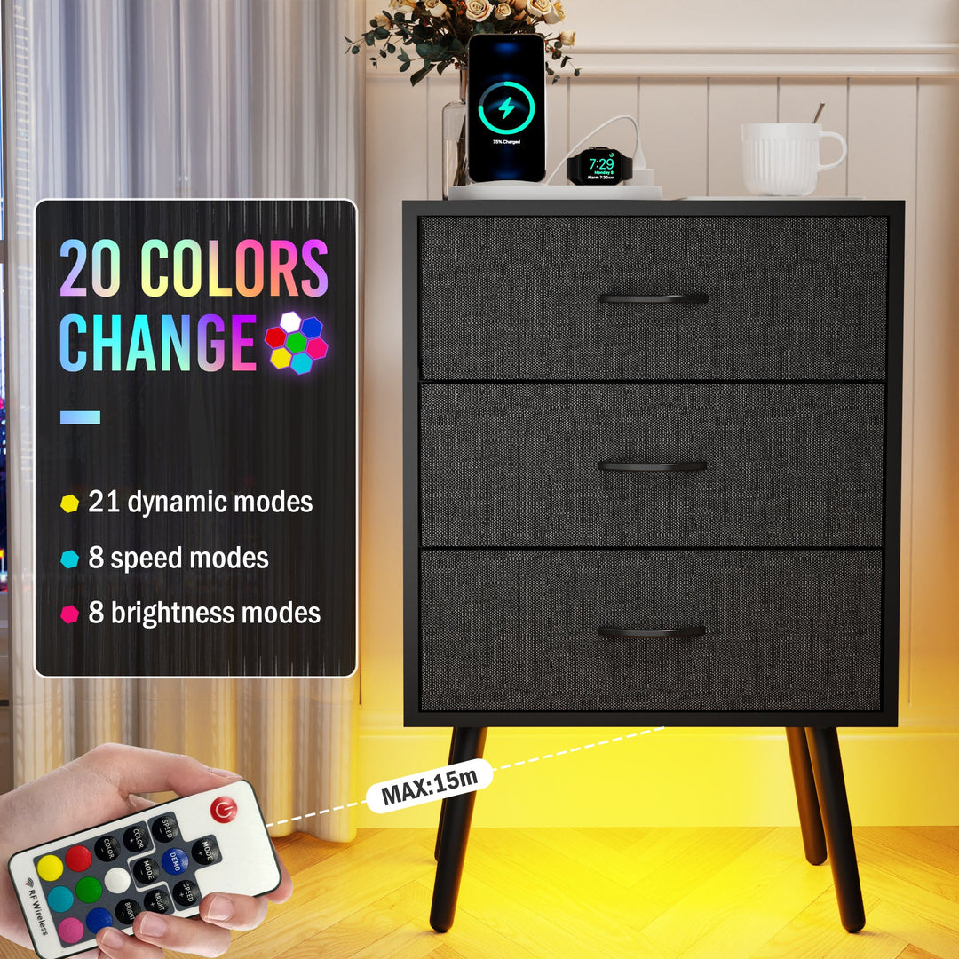 2-Pack Modern Black Nightstands with Charging Station, LED Lights, Fabric Drawers