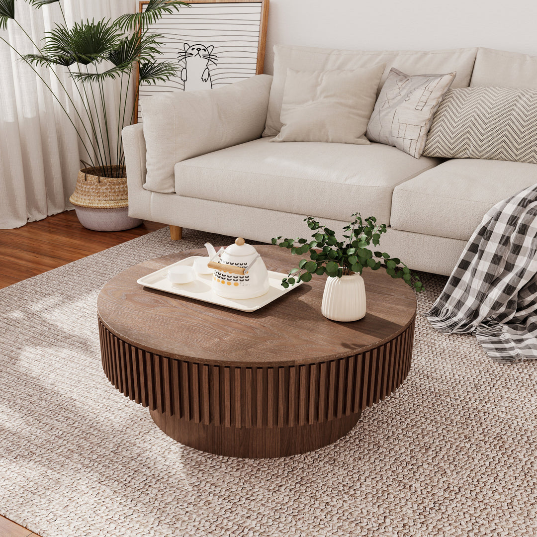 31.5" Round Walnut Coffee Table with Hidden Storage, Modern Mushroom Design