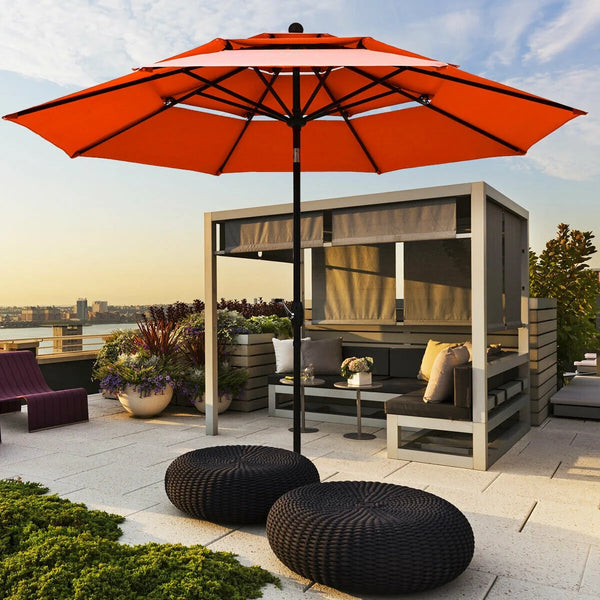 10ft Triple-Tier Patio Market Umbrella – Aluminum Frame, Crank Lift, Double Vented Sunshade in Burnt Orange