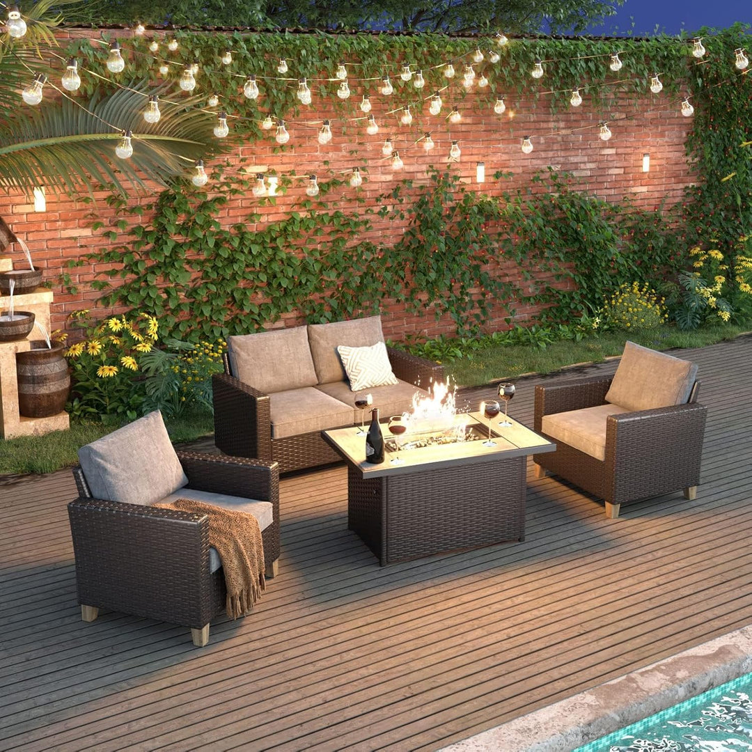 Grand Patio 5-Piece Outdoor Wicker Sofa Set with 43” Propane Fire Pit Table – UV-Resistant Gradient Brown Rattan with Olefin Cushions, Gray