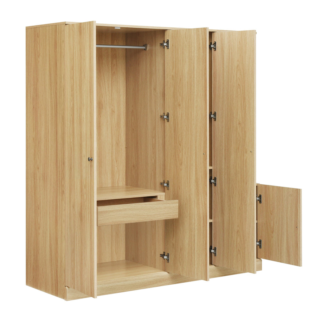 4-Door Natural Wood Wardrobe with Mirror, Shelves, Drawer
