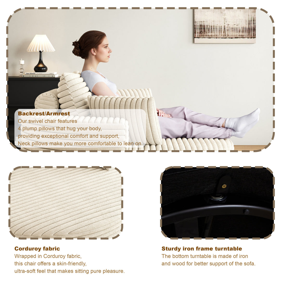 55" Beige Corduroy Swivel Chair with Neck Pillow