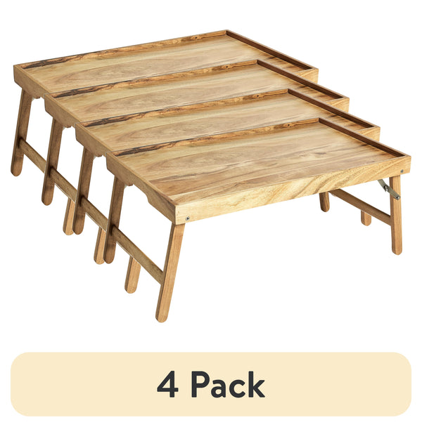 (4-Pack) Natural Acacia Wood Bed Trays with Foldable Stands | Breakfast & Laptop Tray Set