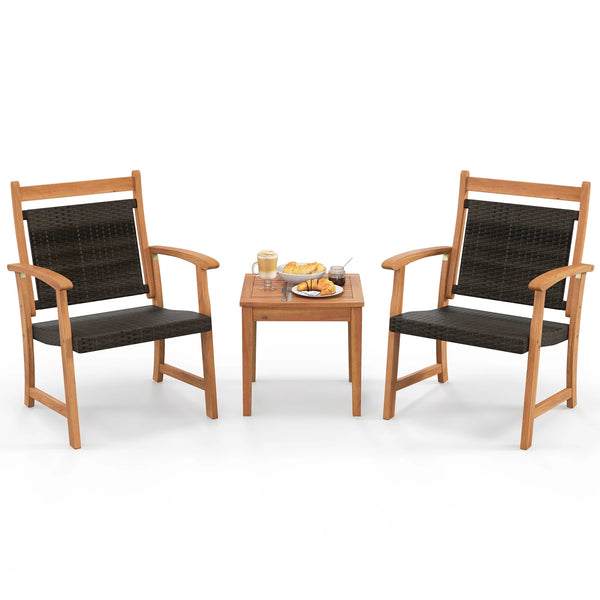 3-Piece Wicker Patio Bistro Set with Acacia Wood Side Table – Outdoor Chair Set for Porch, Balcony, or Backyard