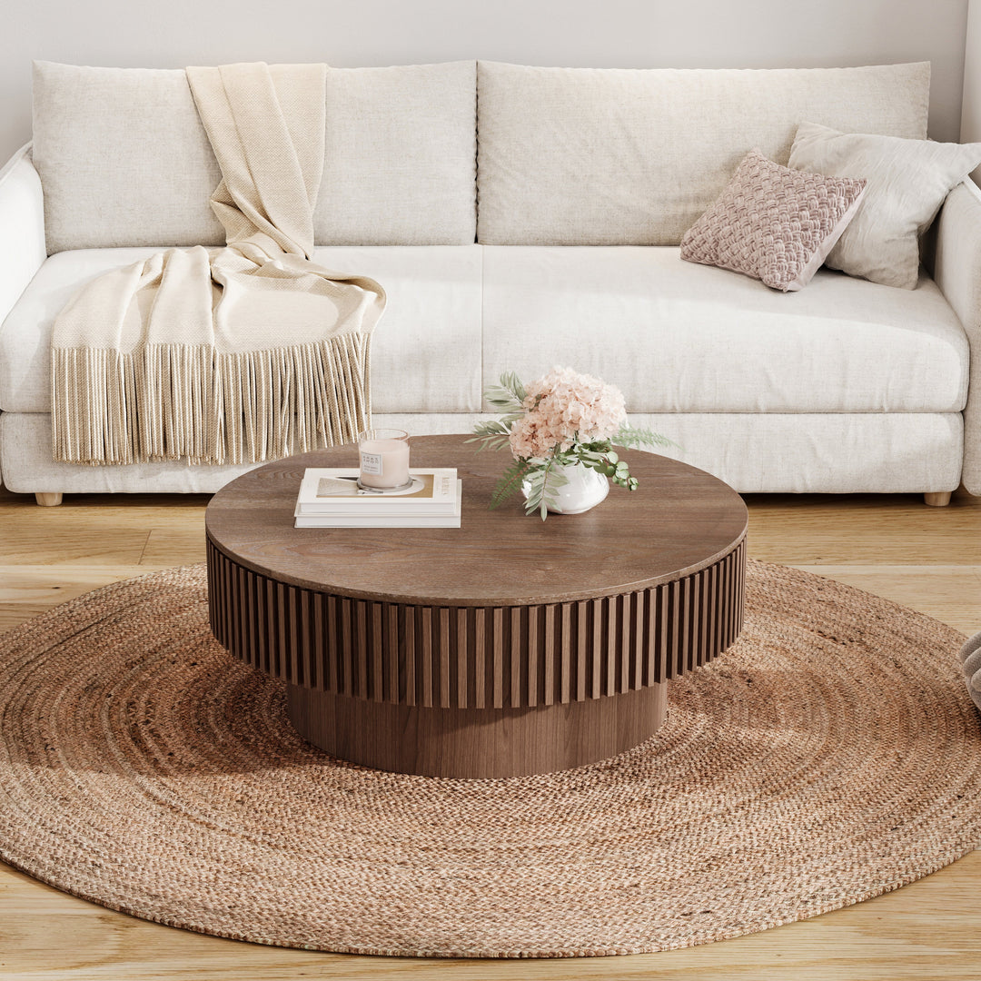 31.5" Round Walnut Coffee Table with Hidden Storage, Modern Mushroom Design