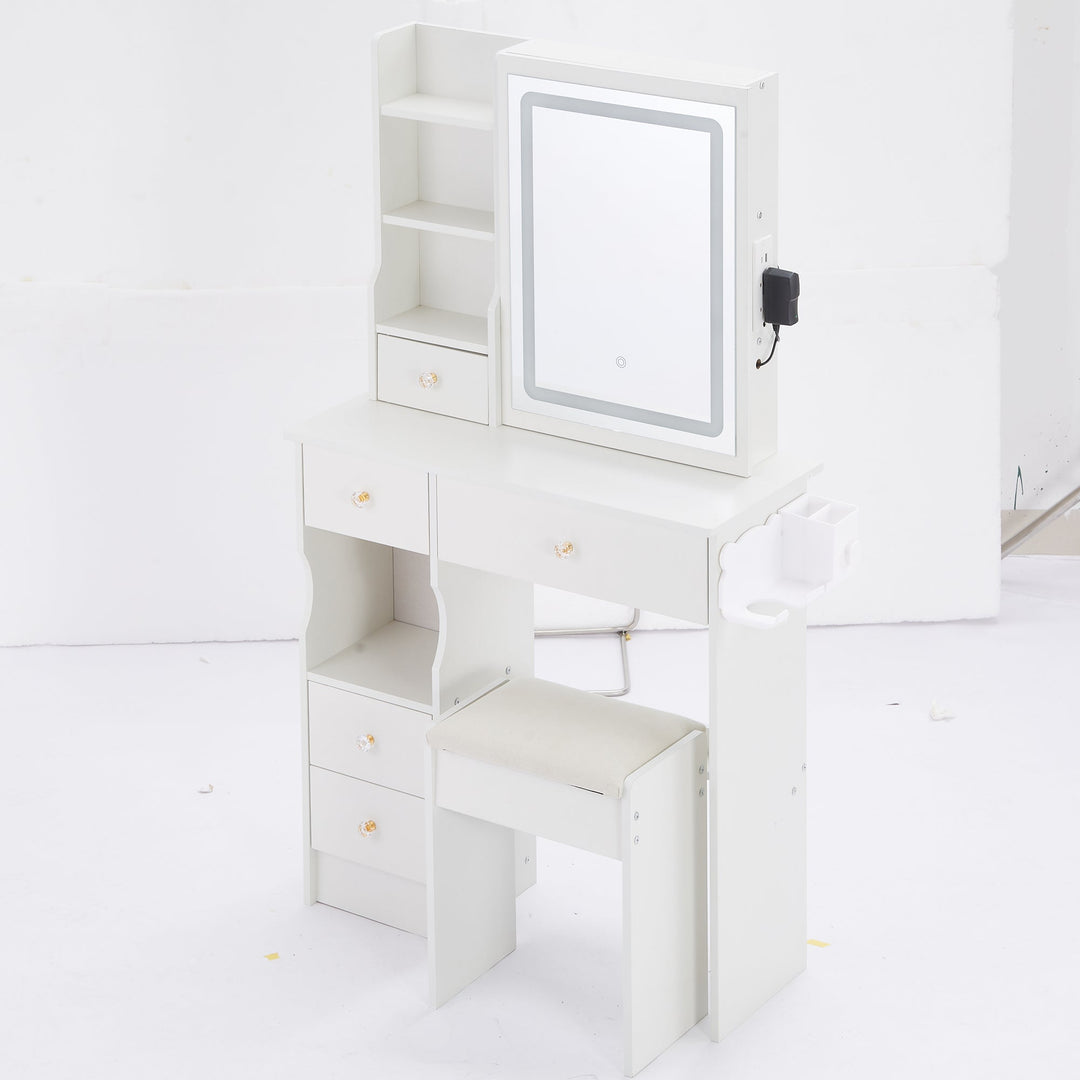 29.2" White Compact Vanity Table with LED Mirror, Charging Station, Stool