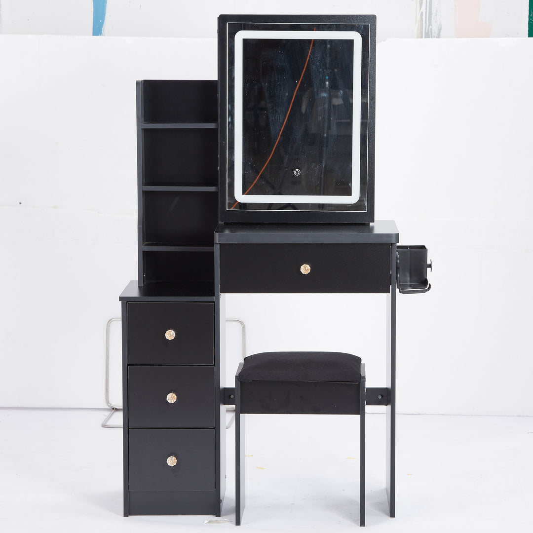 29.2" Compact Vanity Table with LED Mirror, Charging Station, Hair Dryer Holder, Stool