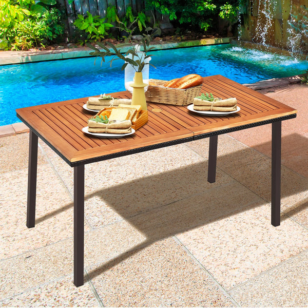 Outdoor Rectangle Acacia Wood Dining Table – 55” Patio Table with 2” Umbrella Hole and Steel Frame