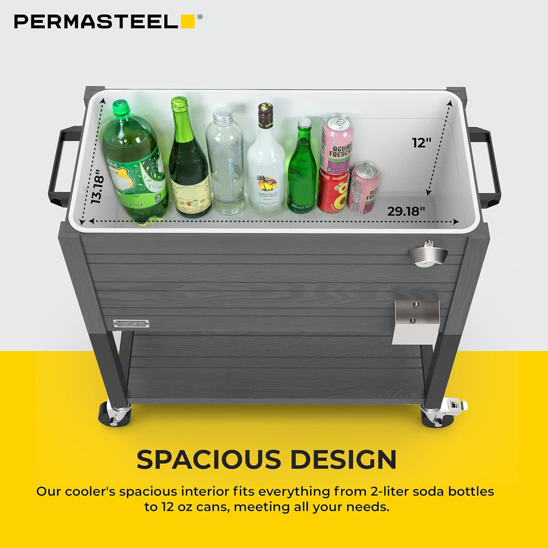 Permasteel 80-Quart Rolling Patio Cooler – Gray Wood Grain Outdoor Beverage Cart with Locking Wheels & Insulated Ice Chest