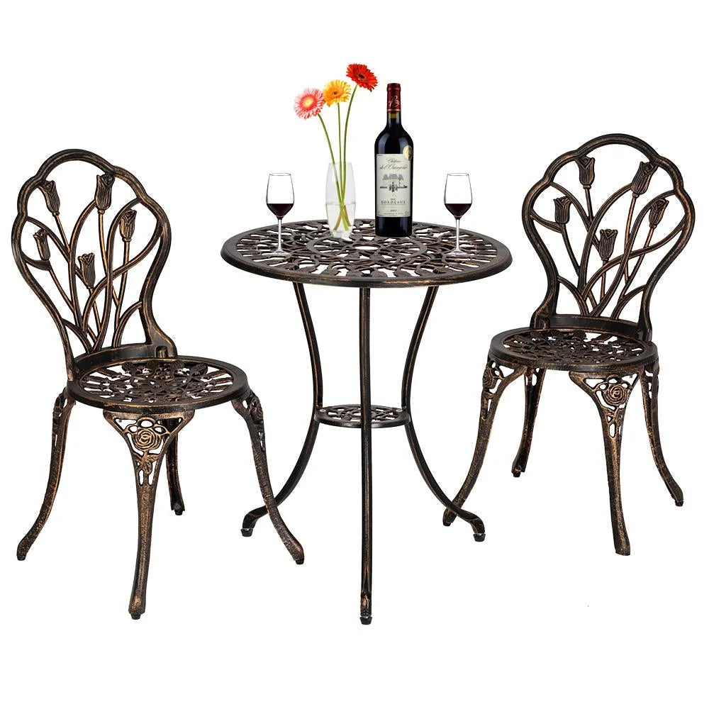Tulip Cast Iron 3-Piece Patio Bistro Set – Bronze Outdoor Table & Chair Set