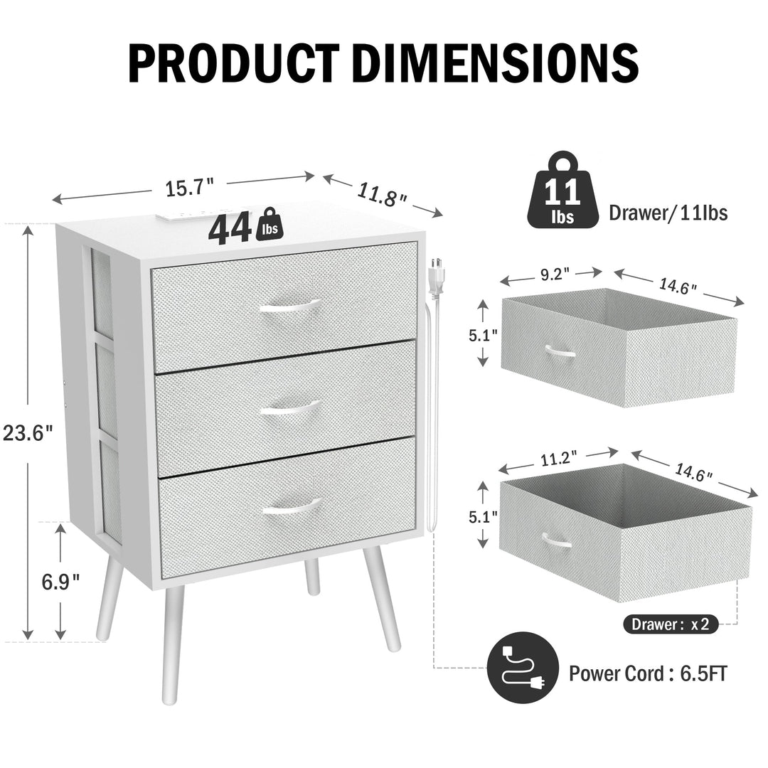 2-Pack Modern White Nightstands with Charging Station, LED Lights, Fabric Drawers