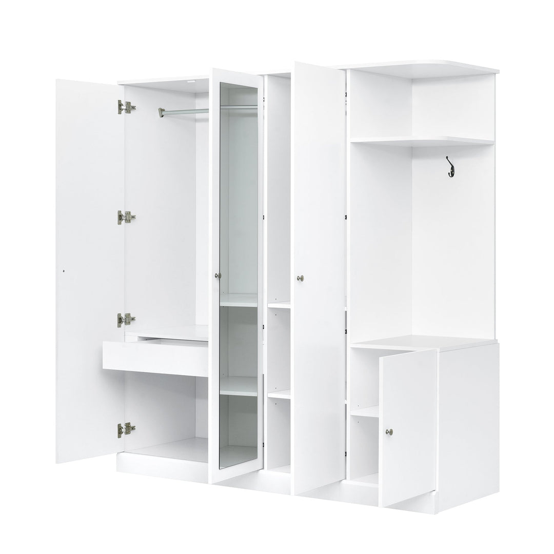 4-Door White Wardrobe with Mirror, Shelves, Drawer, Shoe Storage