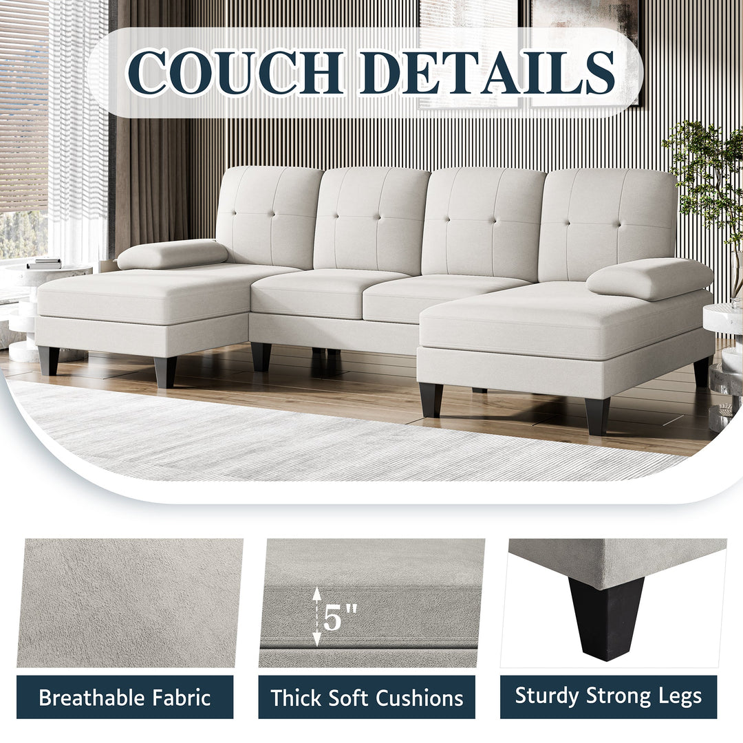 106" U-Shaped 4-Seat Modern Sectional Sofa with Double Chaises – Linen Upholstery