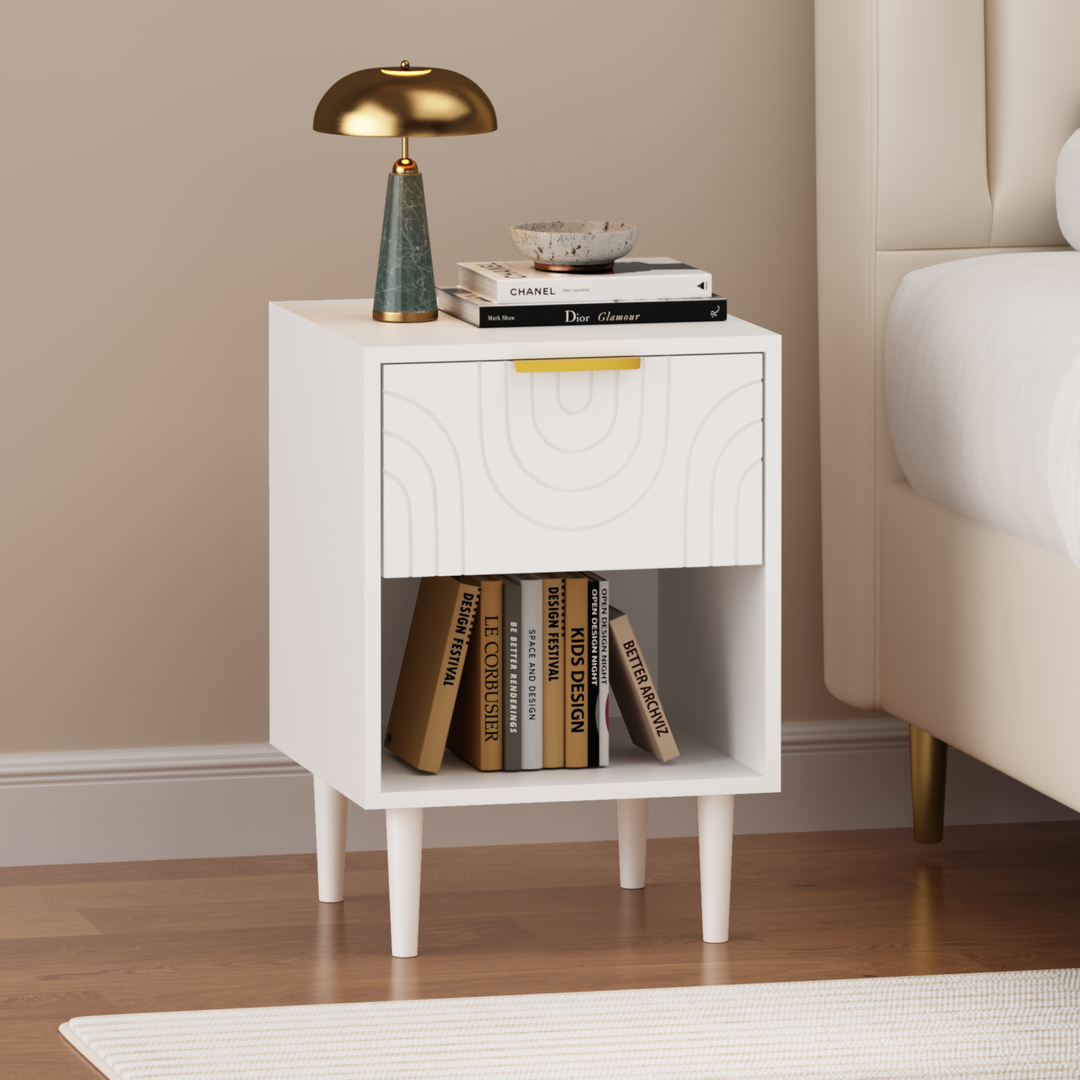 22.8" White Modern Nightstand with Drawer, Gold Accent