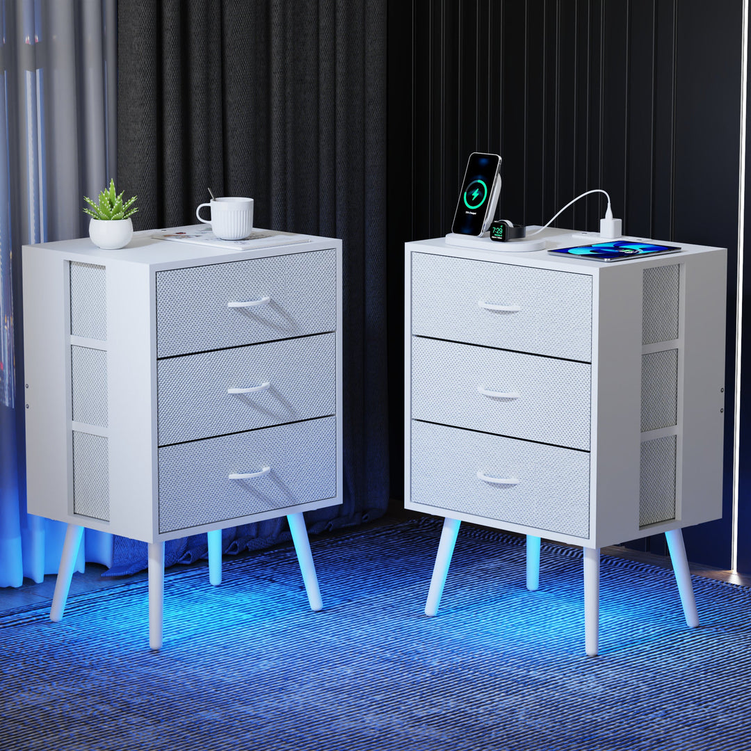 2-Pack Modern White Nightstands with Charging Station, LED Lights, Fabric Drawers