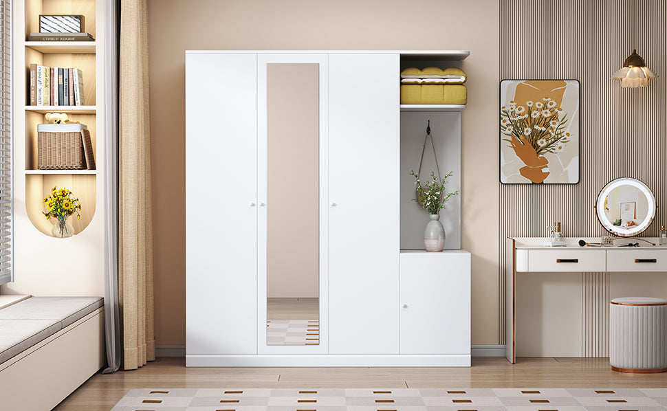 4-Door White Wardrobe with Mirror, Shelves, Drawer, Shoe Storage
