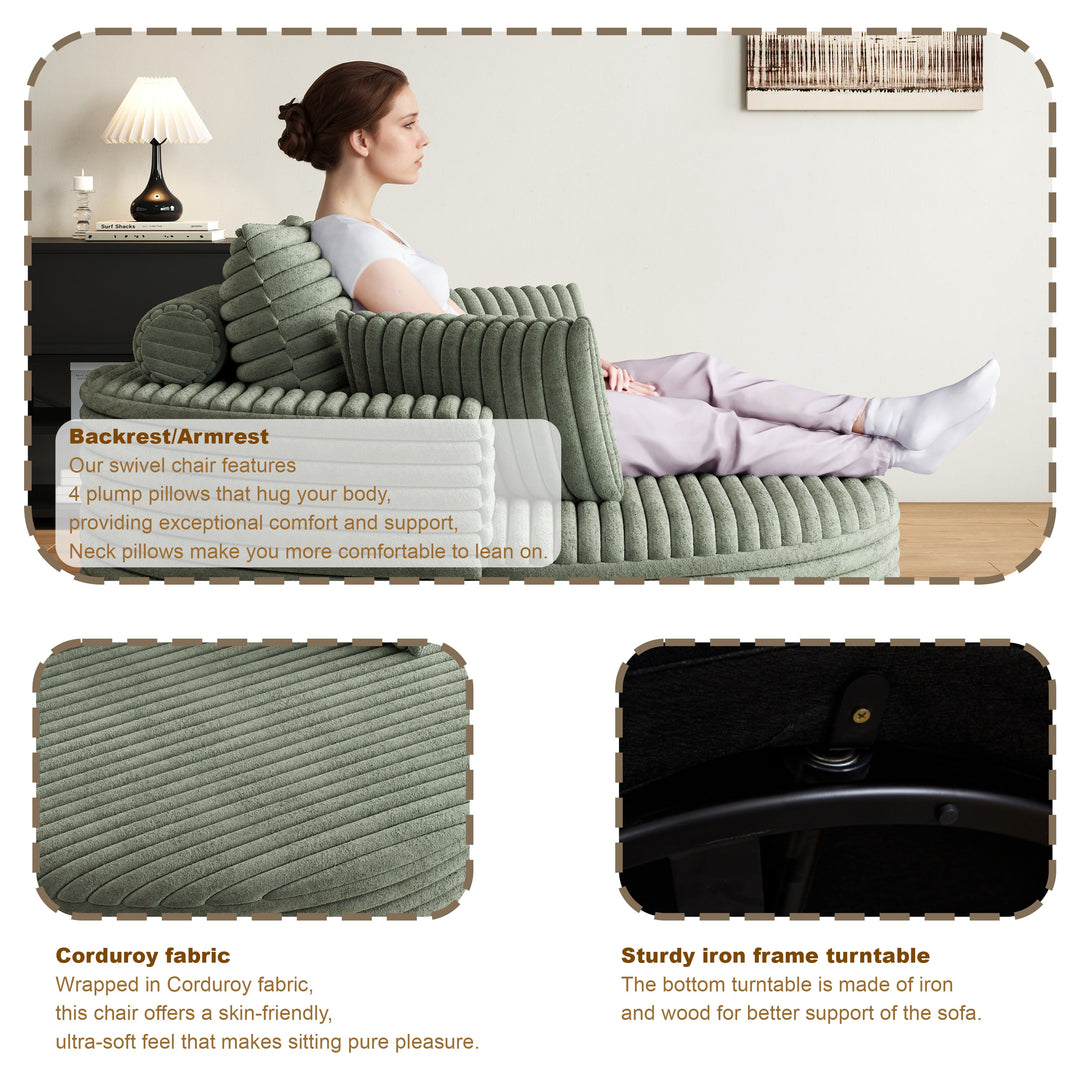 55" Green Corduroy Swivel Chair with Neck Pillow