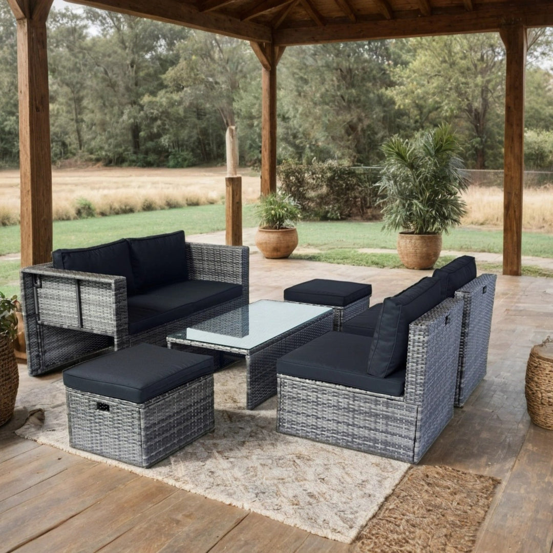 6-Piece Grey Wicker Patio Sectional Set with Black Cushions