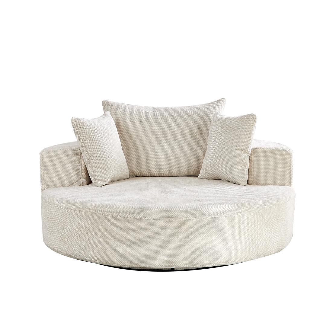55" Beige Chenille Swivel Chair with Neck Pillow