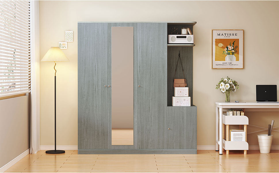 4-Door Gray Wardrobe with Mirror, Shelves, Drawer, and Shoe Storage