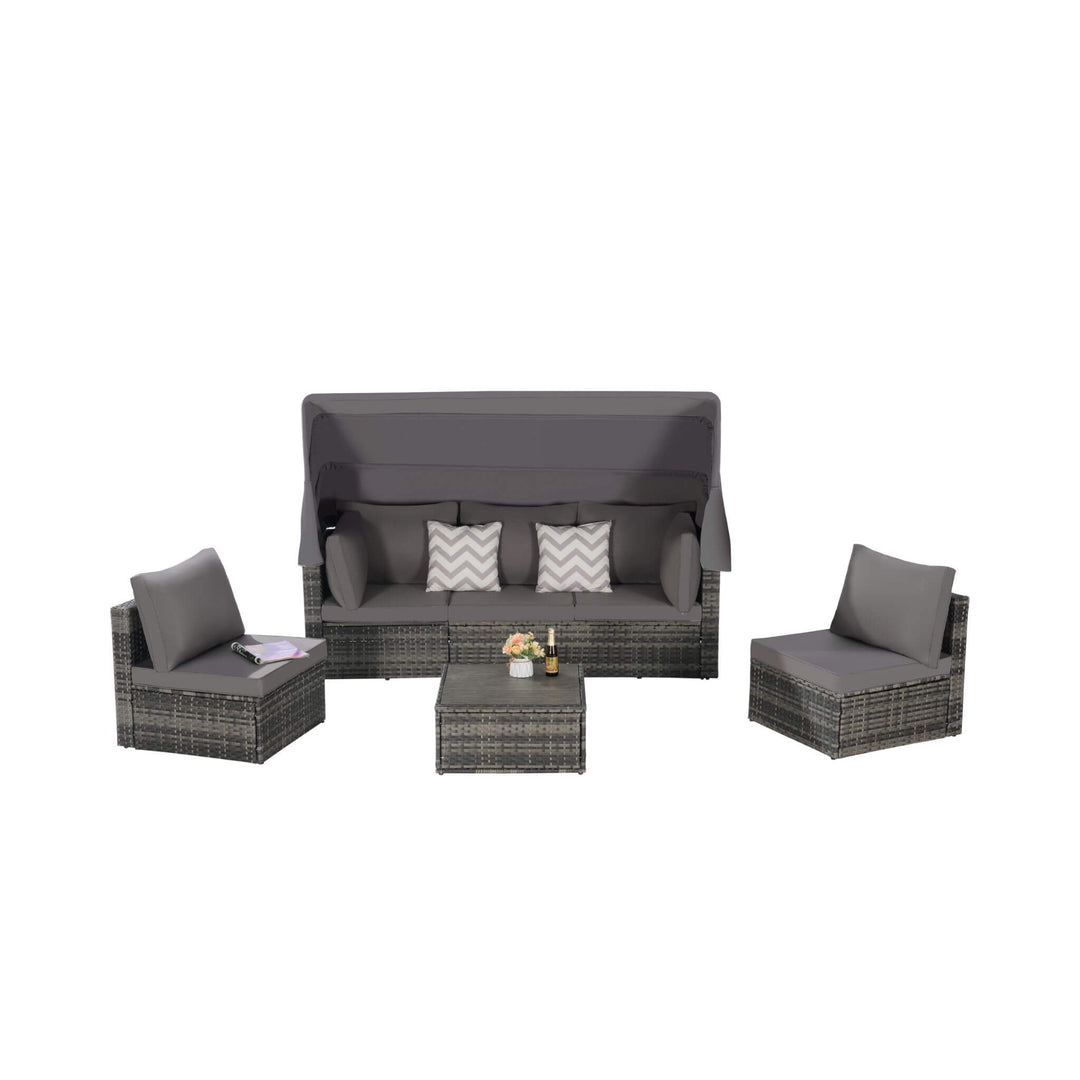5 PCS Outdoor Wicker Daybed Set with Retractable Canopy