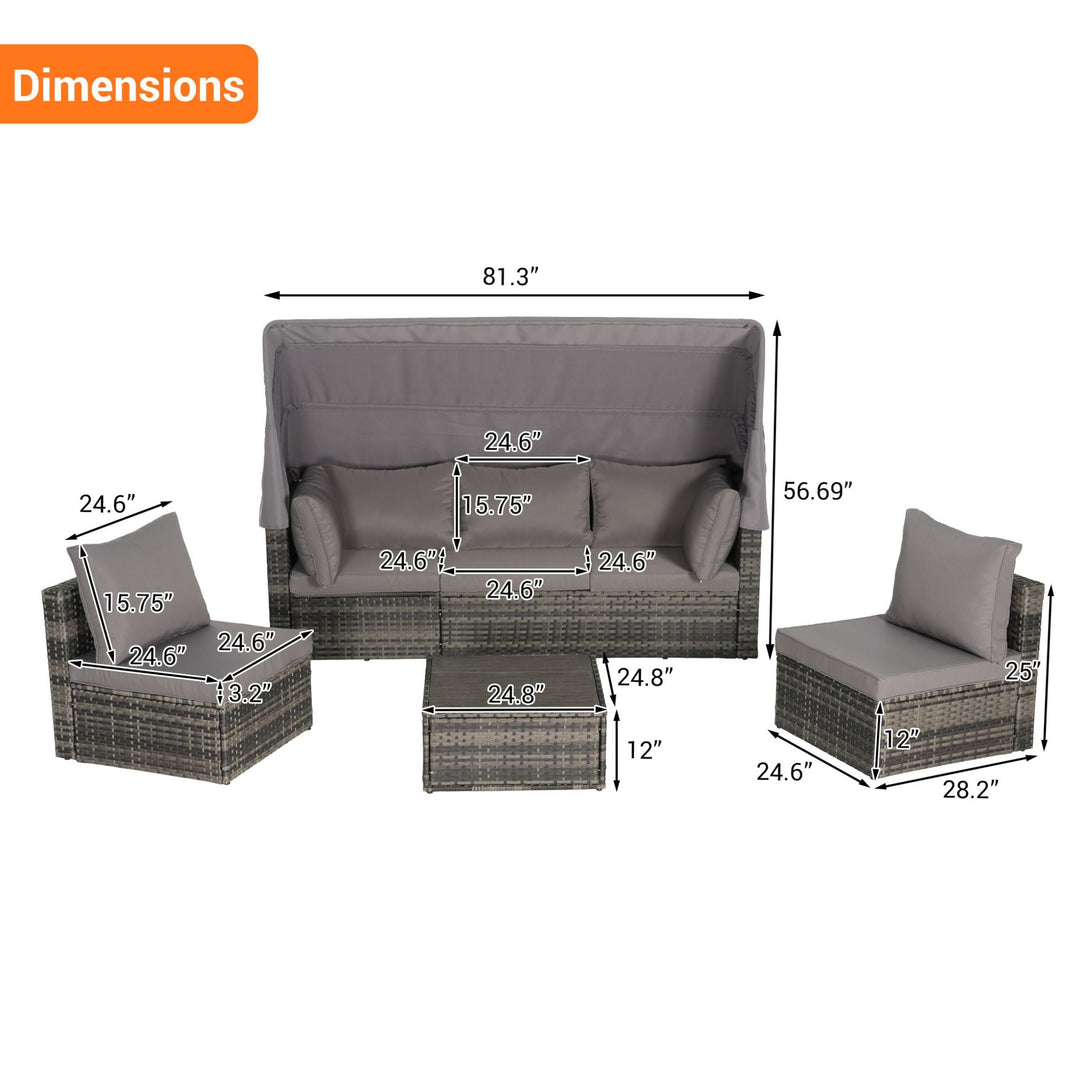 5 PCS Outdoor Wicker Daybed Set with Retractable Canopy
