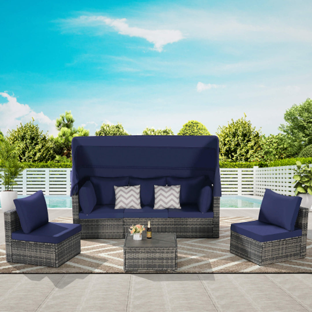5 PCS Outdoor Wicker Daybed Set with Retractable Canopy