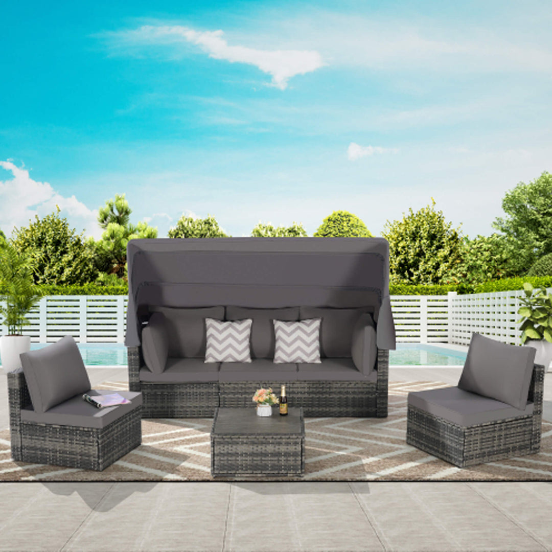 5 PCS Outdoor Wicker Daybed Set with Retractable Canopy