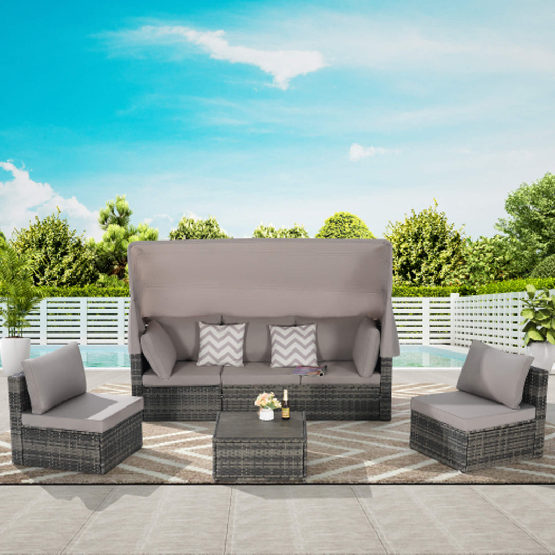 5 PCS Outdoor Wicker Daybed Set with Retractable Canopy