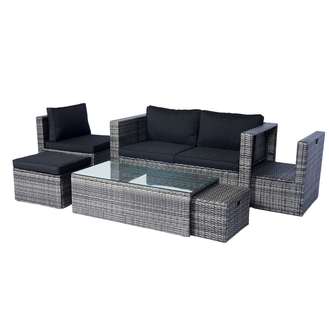 6-Piece Grey Wicker Patio Sectional Set with Black Cushions