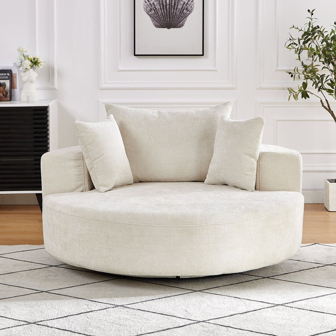 55" Beige Chenille Swivel Chair with Neck Pillow