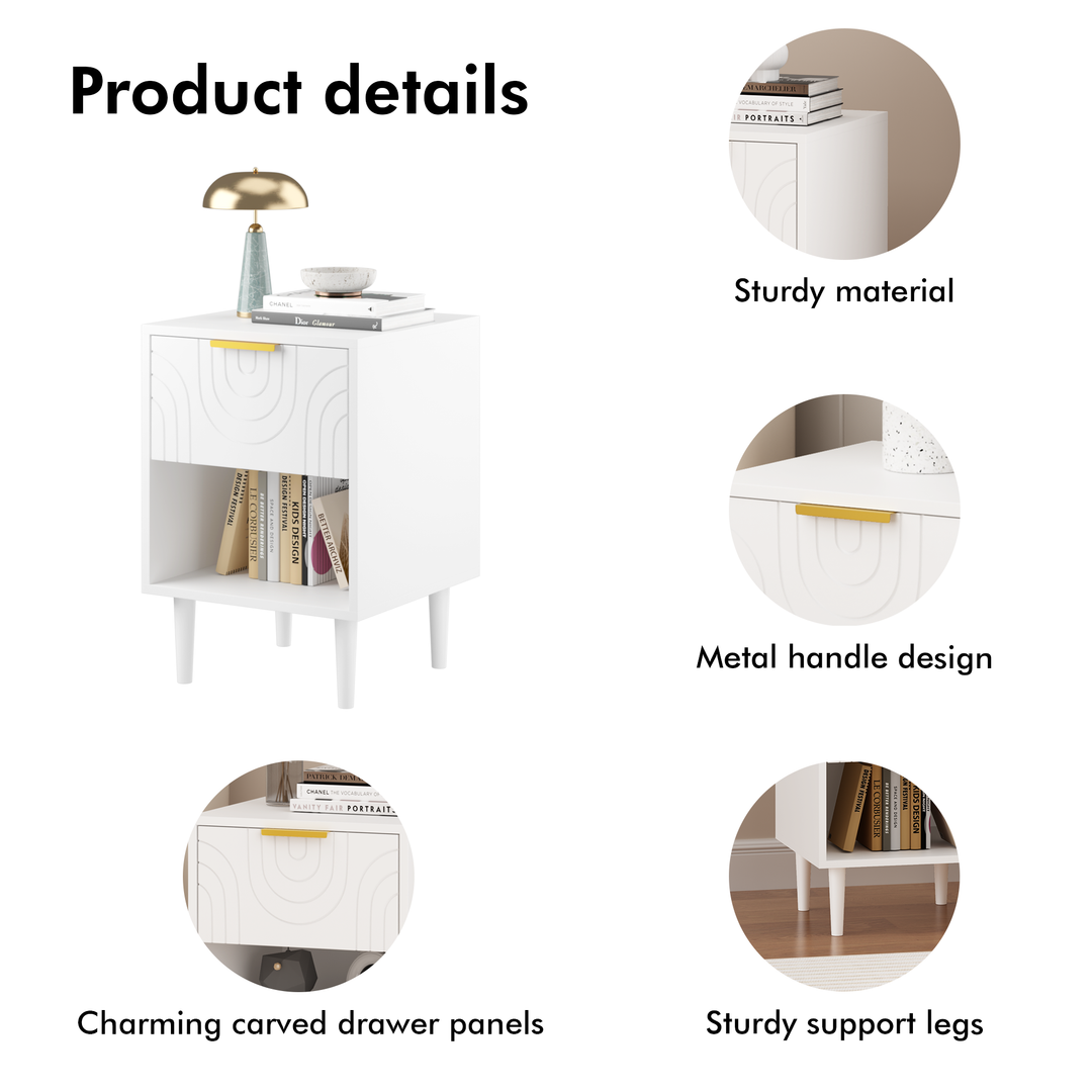 22.8" White Modern Nightstand with Drawer, Gold Accent