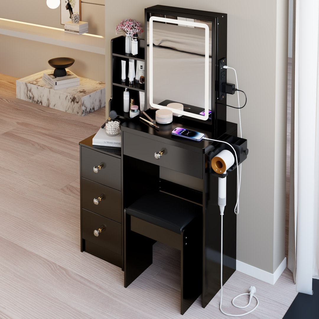 29.2" Compact Vanity Table with LED Mirror, Charging Station, Hair Dryer Holder, Stool
