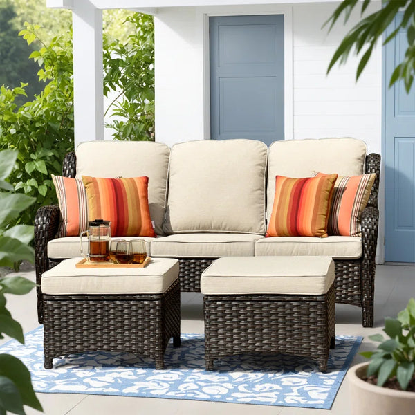 Peridot 72.83" Outdoor Patio Sofa – 3-Piece Wicker Conversation Seating with Washable Cushions