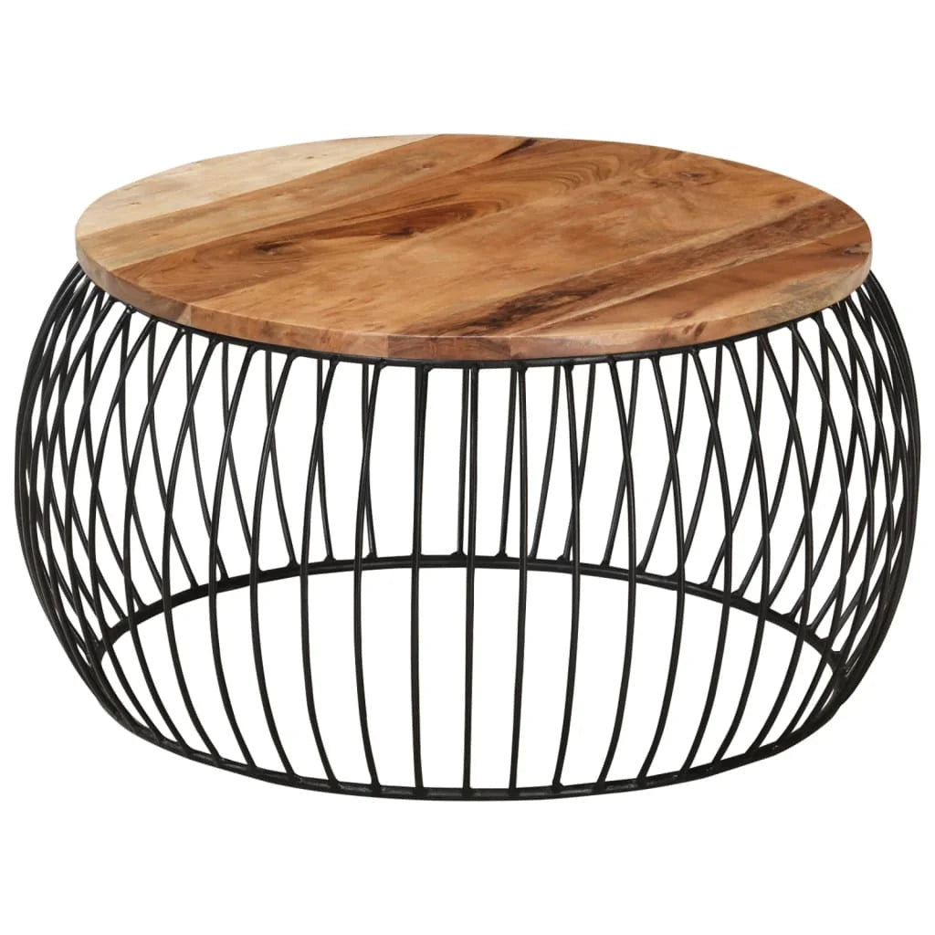26.8" Round Acacia Wood Coffee Table – Natural Solid Wood with Iron Base