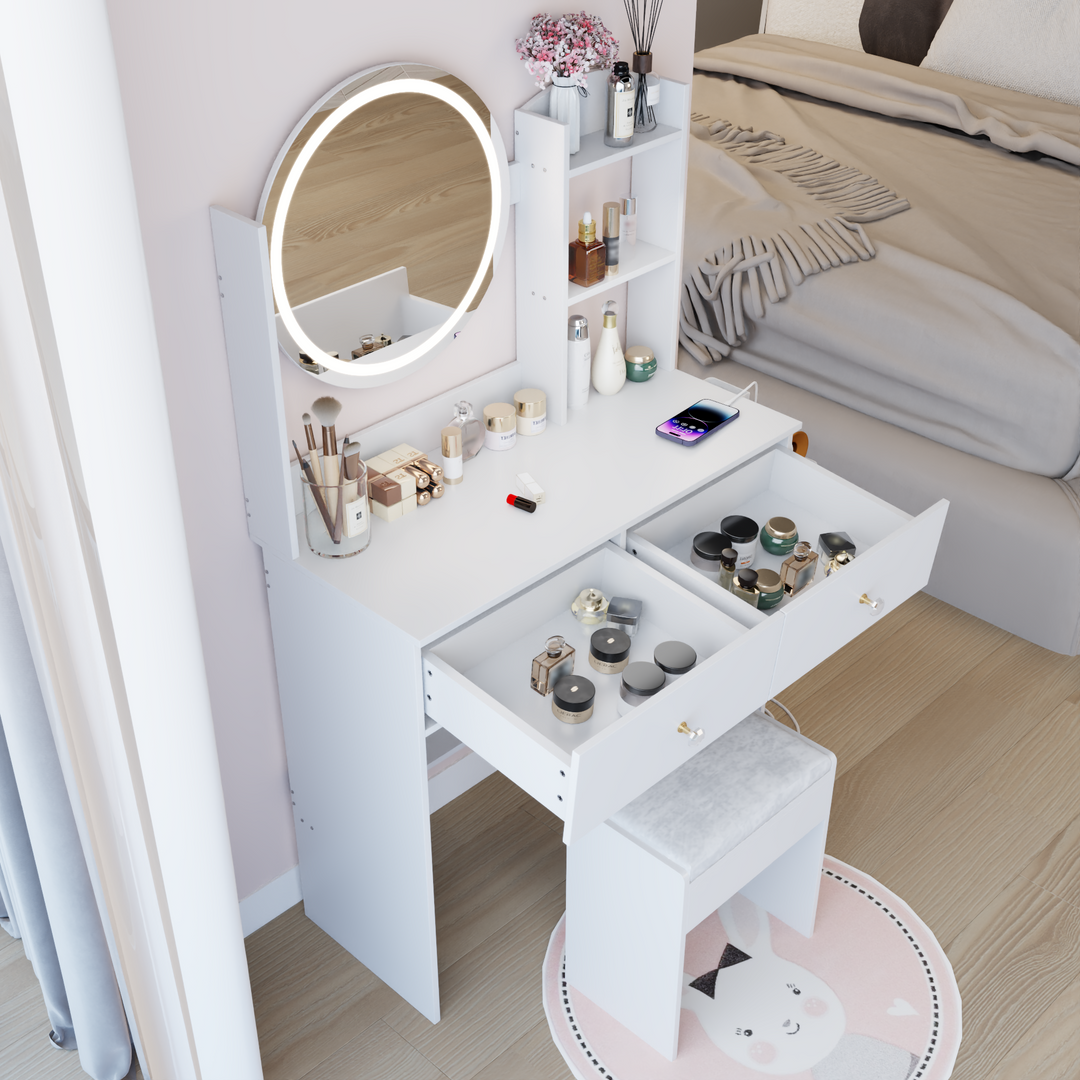 17" Round LED Mirror Vanity Table with Stool & Storage