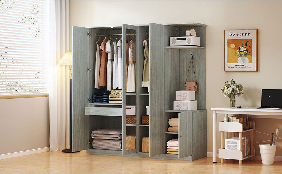4-Door Gray Wardrobe with Mirror, Shelves, Drawer, and Shoe Storage