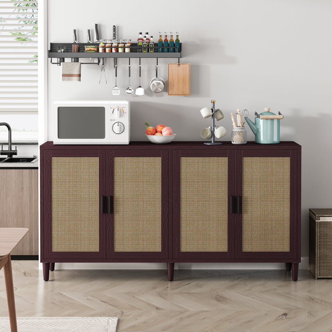 70" Rattan 4-Door Buffet Cabinet with Adjustable Shelves, Brown