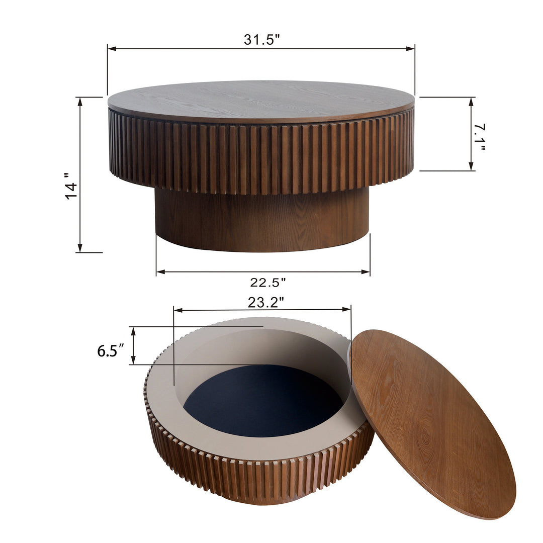 31.5" Round Walnut Coffee Table with Hidden Storage, Modern Mushroom Design