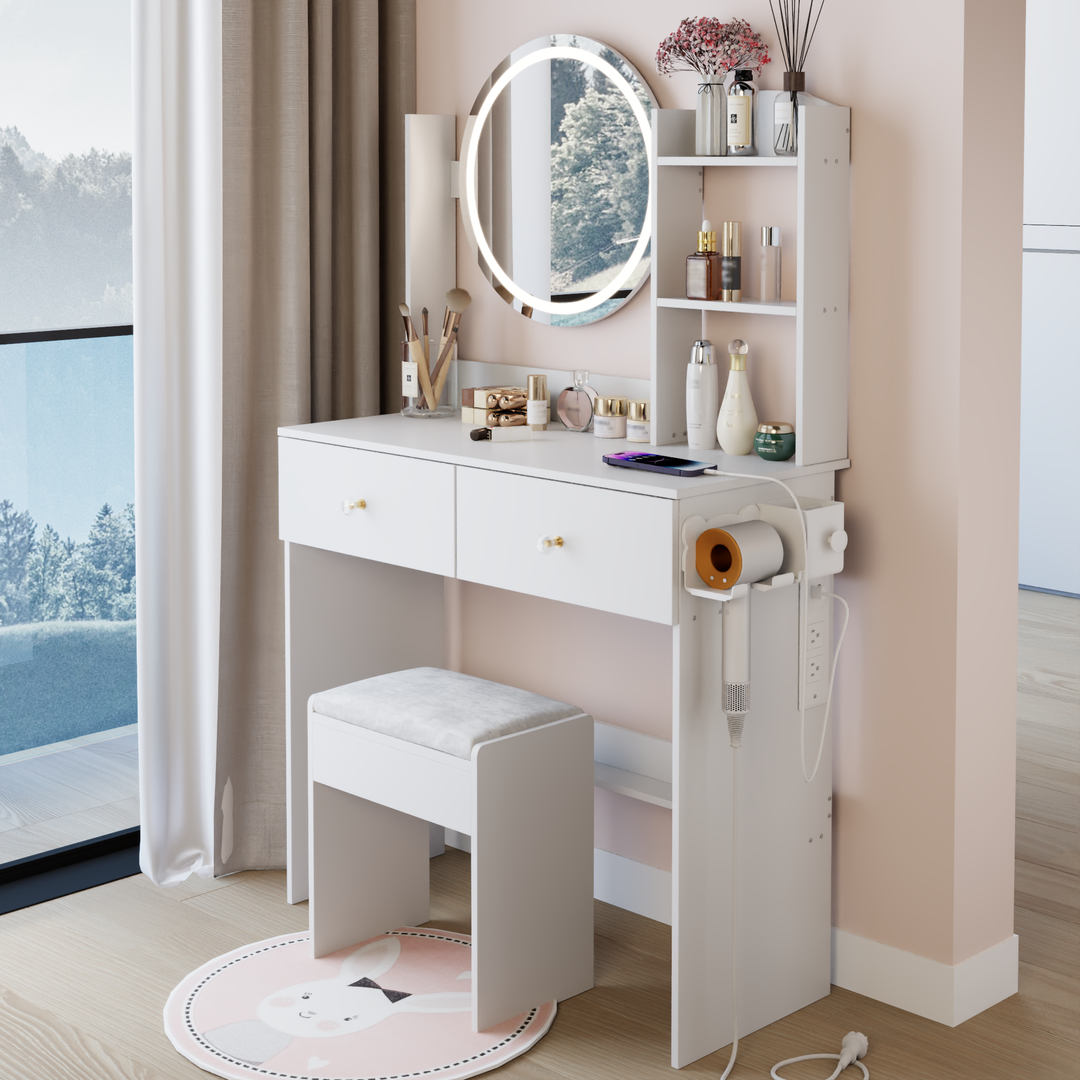 17" Round LED Mirror Vanity Table with Stool & Storage