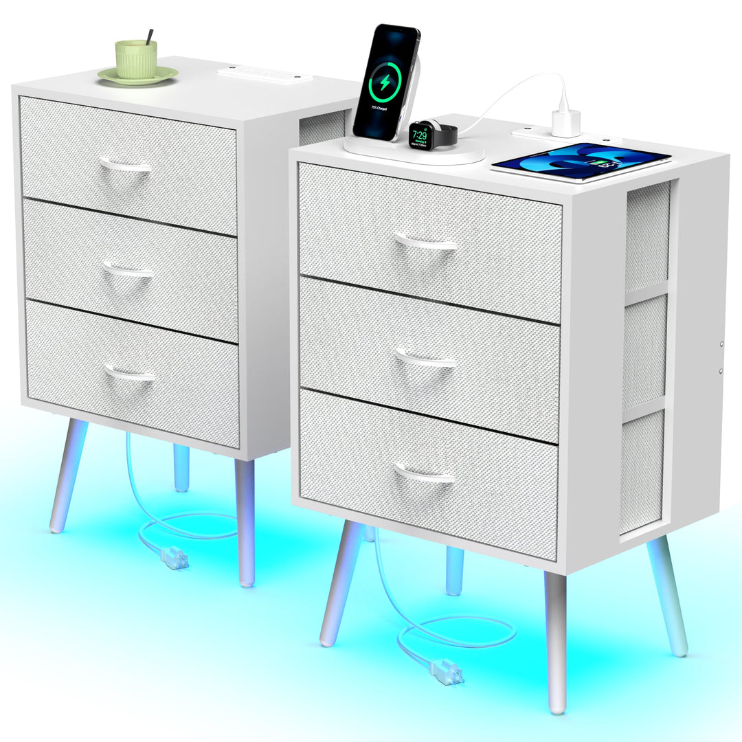 2-Pack Modern White Nightstands with Charging Station, LED Lights, Fabric Drawers