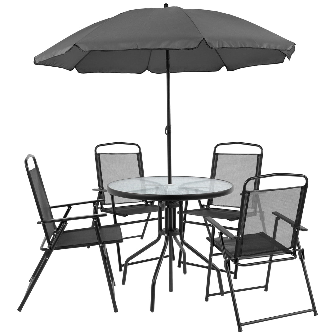 Sierra 6-Piece Black Patio Dining Set with Folding Chairs & Umbrella – Portable Outdoor Garden Table Set