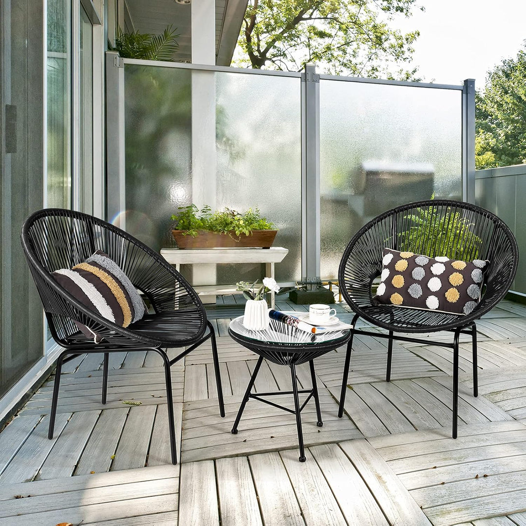 Acapulco 3-Piece Modern Patio Bistro Set – All-Weather Woven Rope Chairs & Tempered Glass Table (Black)