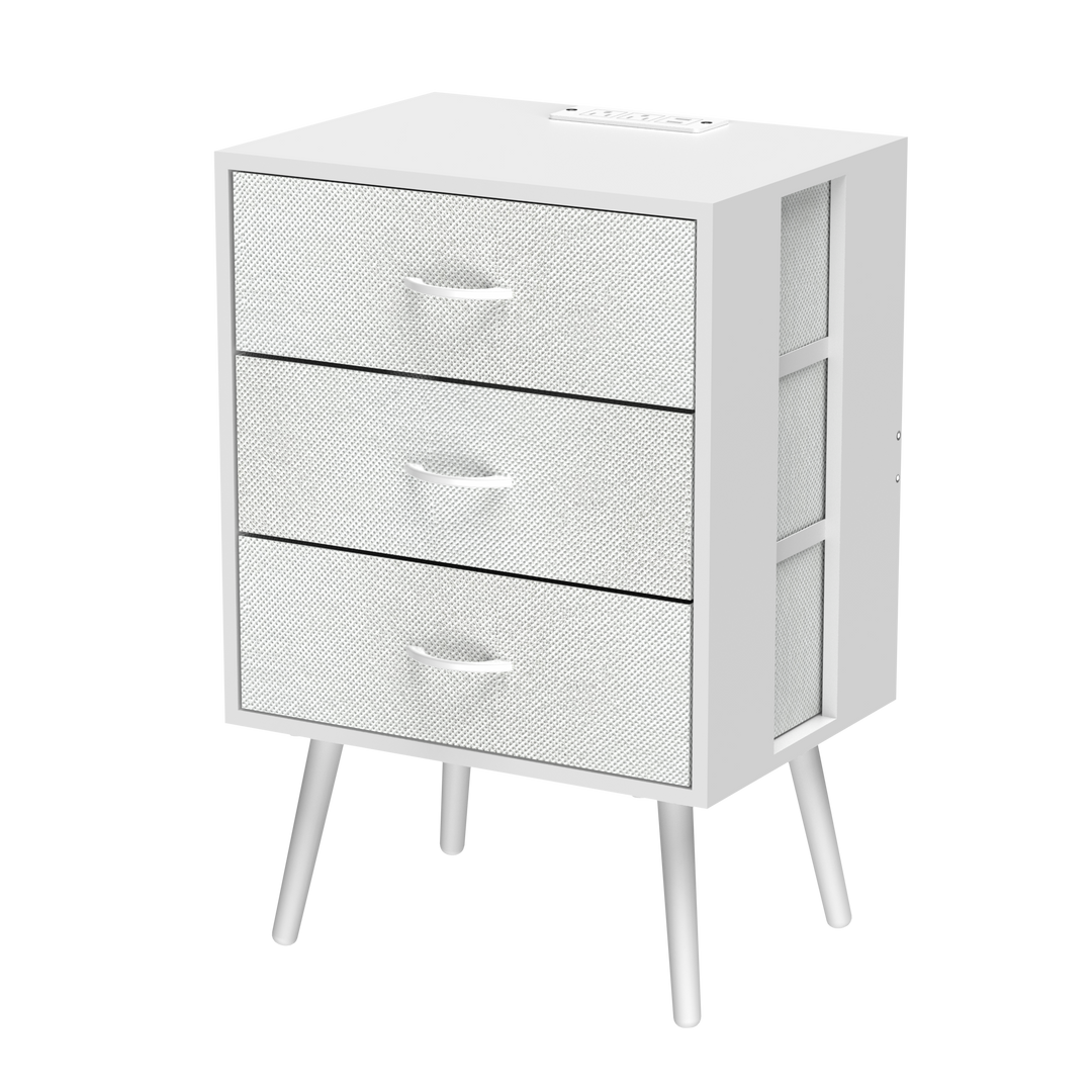 2-Pack Modern White Nightstands with Charging Station, LED Lights, Fabric Drawers