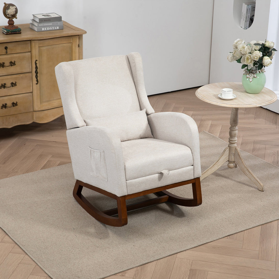 25.4" Beige Nursery Rocking Chair with Footrest, Side Pocket