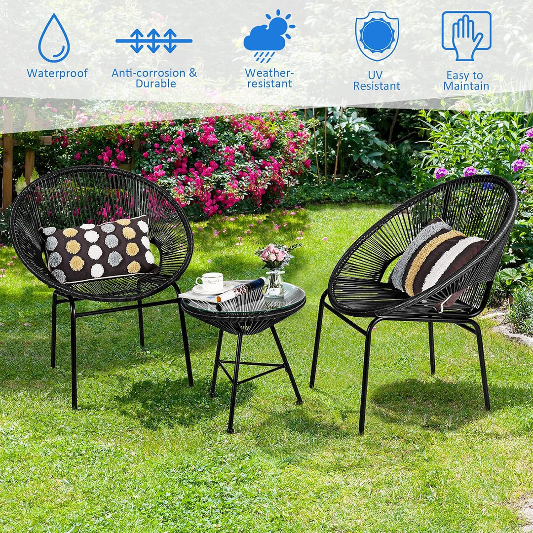 Acapulco 3-Piece Modern Patio Bistro Set – All-Weather Woven Rope Chairs & Tempered Glass Table (Black)