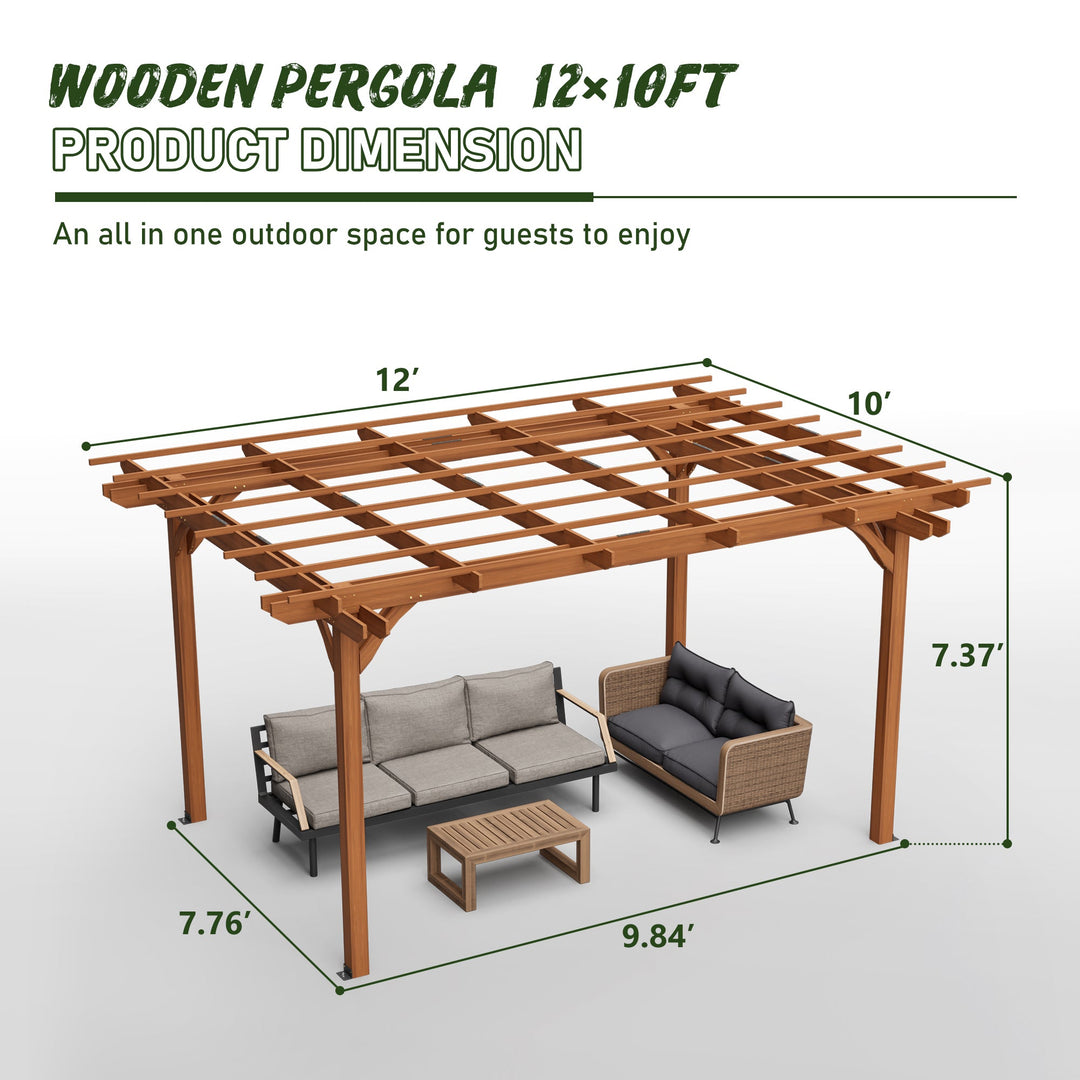 12x10 FT Wooden Pergola for Climbing Plants, Brown