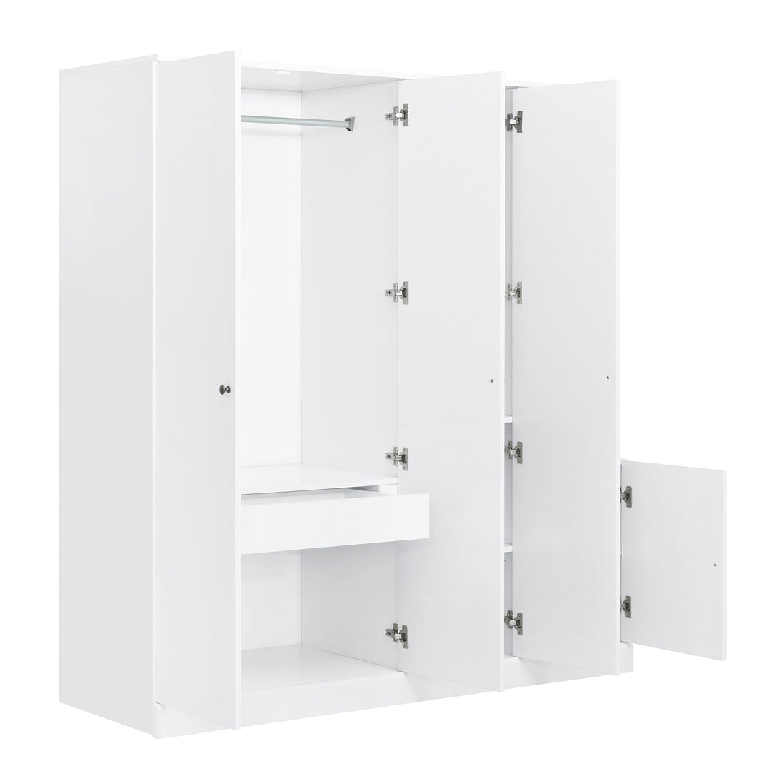 4-Door White Wardrobe with Mirror, Shelves, Drawer, Shoe Storage